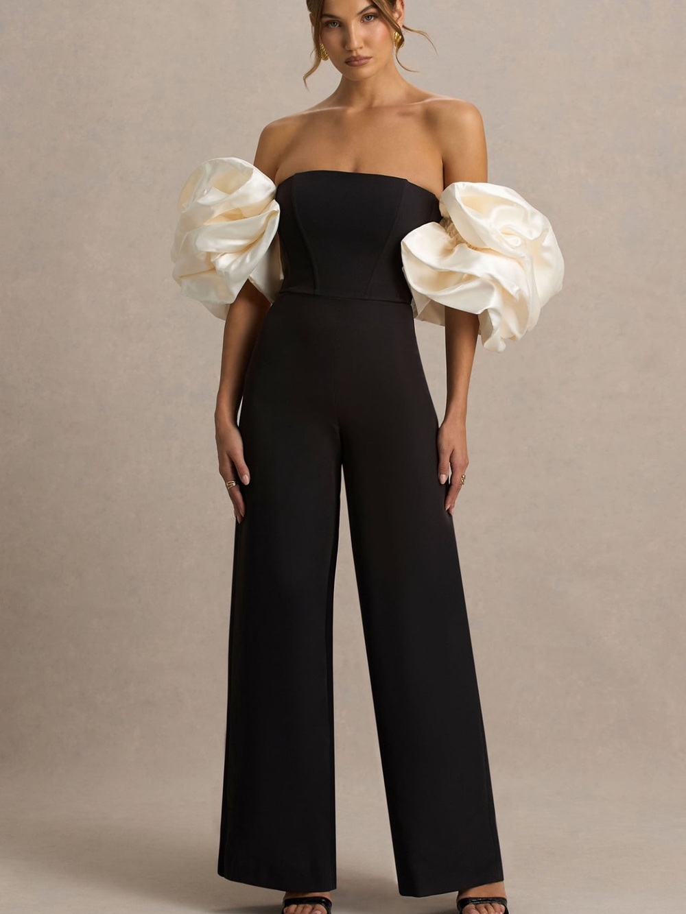 Strapless Black Jumpsuit with Ivory Statement Sleeves